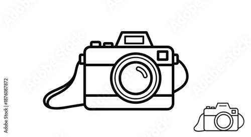 Digital slr camera with neck strap shown as a minimalist black line drawing on a plain white background for photography themes.