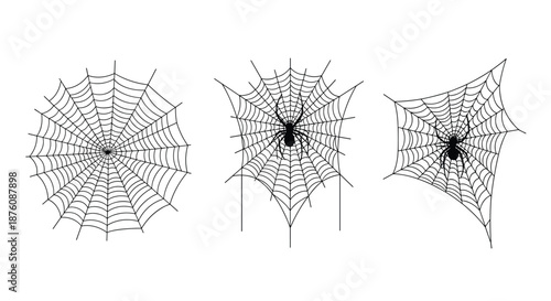 Collection of three different spider web designs including two with spiders in a clean black and white line art style for halloween.