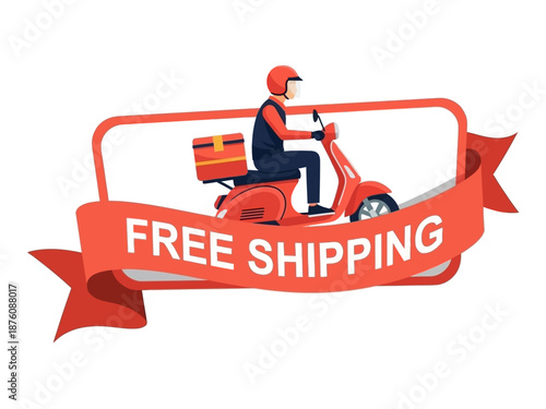 Dynamic illustration of a scooter delivery rider emphasizing a complimentary shipping service for convenient online shopping and prompt parcel delivery