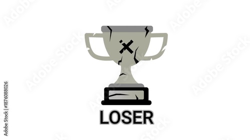 Cracked grey trophy animation with bold Loser text. Flat vector illustration displaying game over screens, failure concepts, and sarcastic competition results.