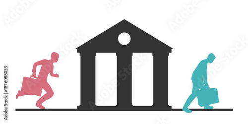 Person runs to a bank and a distressed man walks away. Frustrated man stressed of getting bank debt, loan rejection notification, feeling confused. Client expression changes having financial problems.