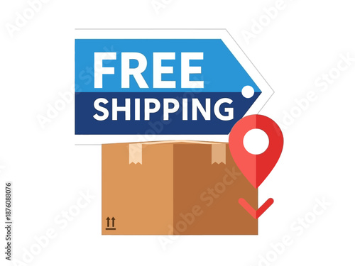 Graphic illustration of a package box with a 'Free Shipping' label and a location pin, symbolizing convenient and cost-effective delivery for online shopping