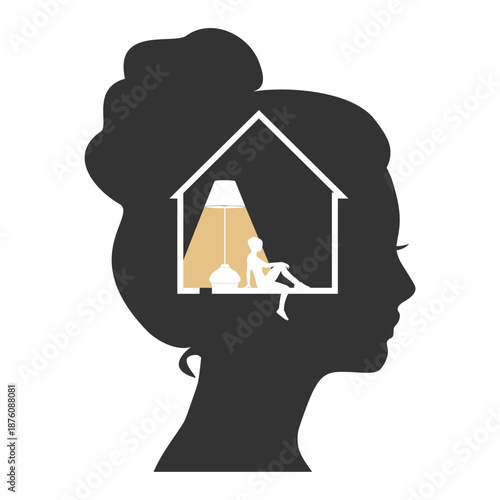 A woman relaxing in a room inside a gigantic head, symbolizing inner thought purification, self-care, and mental health.