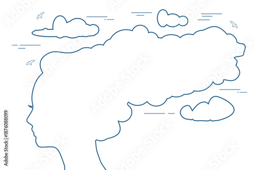 Line art illustration of a woman with cloud hair a conceptual design representing dreams imagination or a connection to nature. Psychotherapy and personality growth concept.