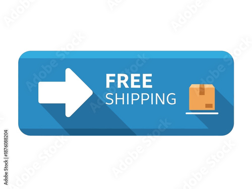 Vibrant blue banner with 'FREE SHIPPING' text and package icon, symbolizing complimentary delivery for online retail convenience and customer value, perfect for e-commerce promotions