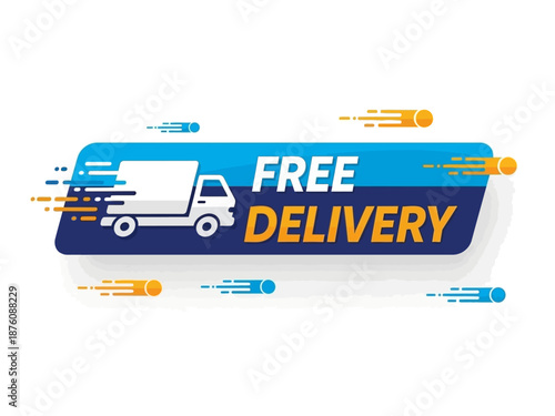 Streamlined graphic icon design featuring a blue and white delivery truck with 'Free Shipping'