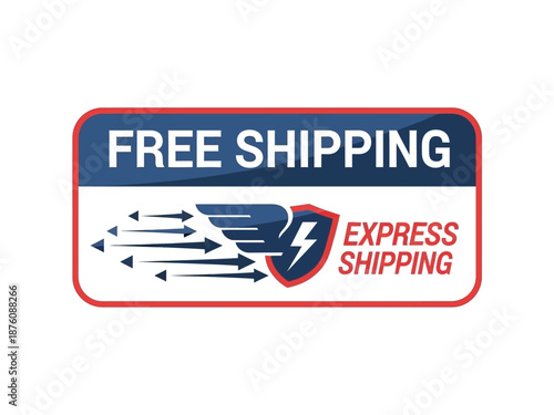 Vector badge for e-commerce, promoting free and express shipping with speed lines, lightning bolt. Ideal for quick, efficient delivery service branding