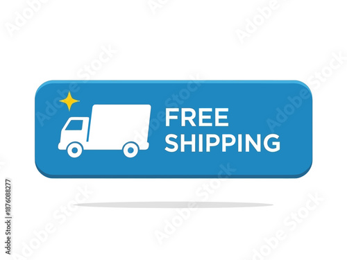 Free Shipping Icon Illustration for e-commerce websites, online store promotions, and delivery service advertisements, featuring a white delivery truck on a blue button design