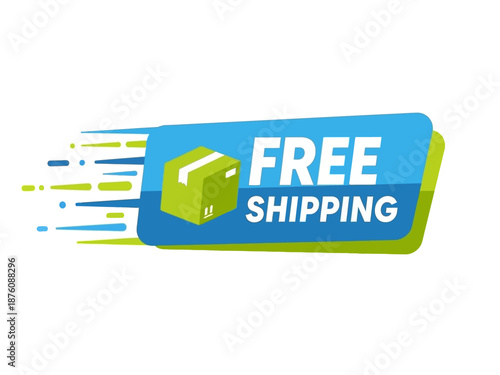 Dynamic illustration of a vibrant blue and green banner showcasing a fast free shipping offer with a delivery box, ideal for e-commerce promotions and online shopping advertisements