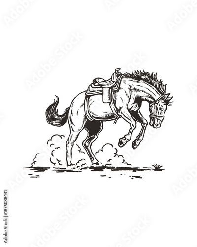 Vintage western bucking horse line art illustration