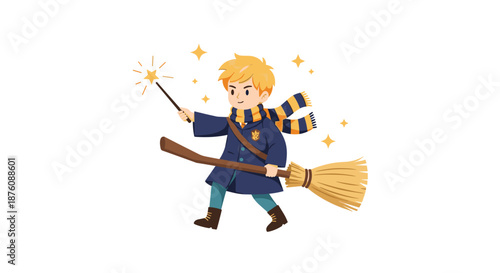 Young wizard boy flying on a wooden broomstick holding a magic wand and wearing a school uniform with a striped scarf.