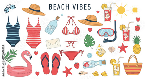 Comprehensive collection of beach and summer icons including swimsuits sunglasses cocktails and travel accessories for a vacation.