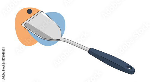 Kitchen spatula with a blue handle used for flipping food depicted as a clean illustration over soft colored background shapes.