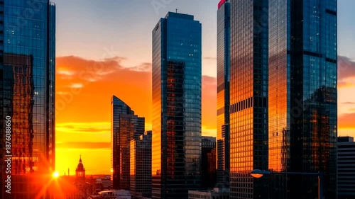 City Skyline with Modern Skyscrapers at Sunset.