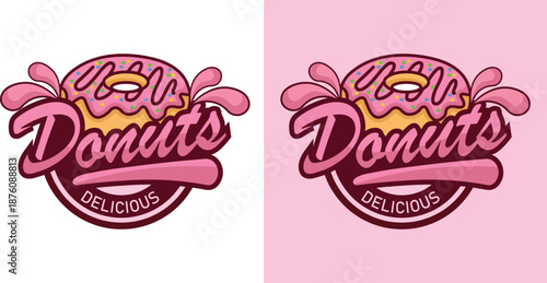 Donut shop logo vector illustration, pink strawberry donut logo emblem, suitable for business logo, banner, signboard, vintage style.