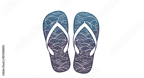 Pair of flip-flops with an artistic blue and purple ocean wave pattern on the soles for summer and beach lifestyle.
