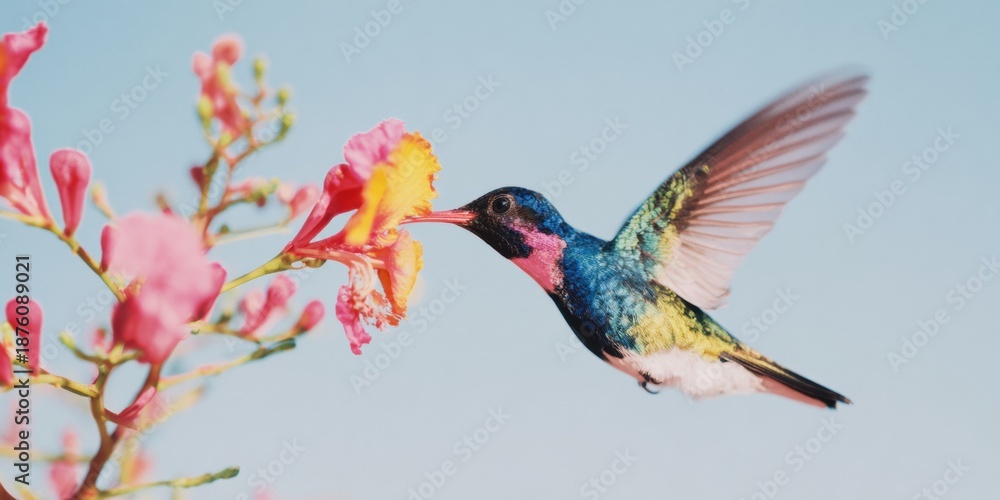 Fototapeta premium Inspiring Tropical Hummingbird on Pride of Barbados Flower Vibrant Nature Content for Travel Marketing and Exotic Locations