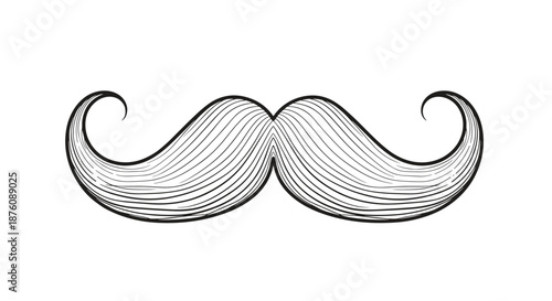 Classic handlebar mustache with detailed linear texture and curled ends isolated on a white background for barbershop or Movember designs.
