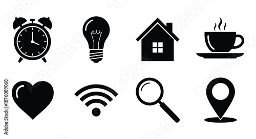 Collection of various icons including alarm clock and heart