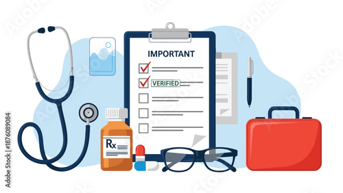 Professional medical equipment background featuring a stethoscope, clipboard with verified checklist, medicine, glasses, and a first aid kit.