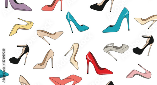 Seamless pattern featuring a variety of colorful women's high heel shoes in different styles and colors on a white background for fashion lovers.