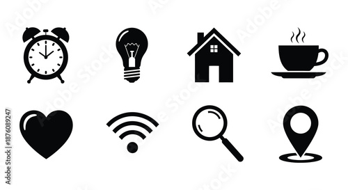 Collection of various icons including alarm clock and heart