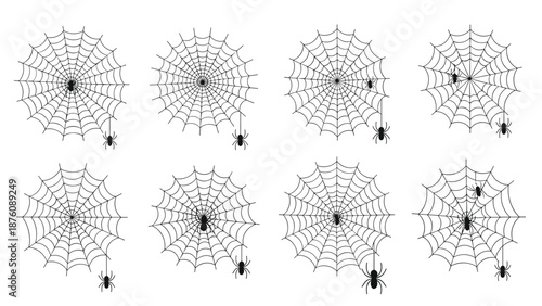 Intricate spider web patterns with small spiders showing various geometric designs for Halloween or nature themed graphic design layouts.