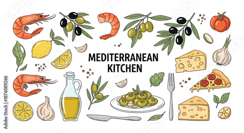 Diverse collection of Mediterranean food ingredients including olives, shrimp, pizza, cheese, and lemon for a culinary theme on white background.