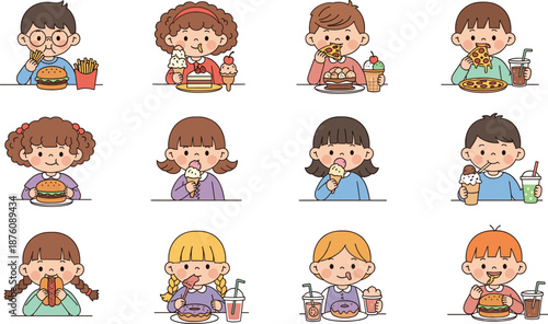 Cute kids eating fast food and desserts set with burgers, pizza, donuts, ice cream, and drinks in flat vector style