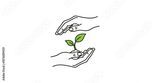 Meaningful illustration of two hands gently sheltering a small green sprout for environmental protection and growth concepts on white.