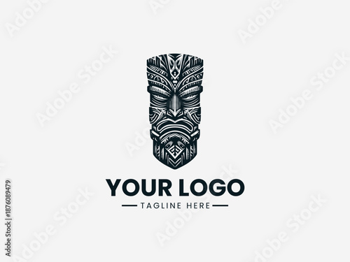 Black and white tribal-style tiki mask logo with 'YOUR LOGO' text on a clean white background for branding purposes.
