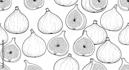 Sophisticated seamless pattern featuring whole and halved figs in detailed black and white line art for food and kitchen decorations.