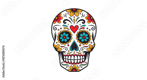 Vibrant Mexican sugar skull decorated with colorful flowers and a heart for Day of the Dead traditions isolated on a white background.