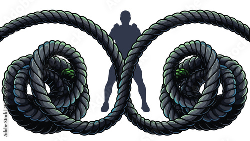 Silhouette of a person surrounded by coiled ropes