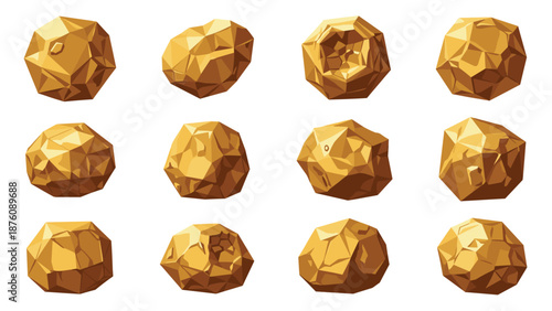 Set of realistic gold nuggets and precious mineral rocks with jagged textures and shiny metallic surfaces for mining and wealth concepts.