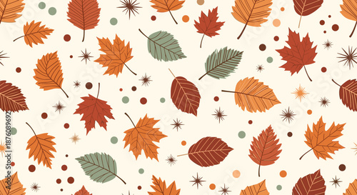 Vibrant seamless pattern with colorful autumn leaves and stars in warm earthy tones on a cream background for seasonal fall themes.