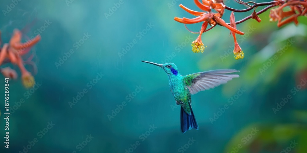 Fototapeta premium Authentic Nature Green Violetear Hummingbird in Costa Ricas Tropical Forest Premium Wildlife Advertising and Marketing Content