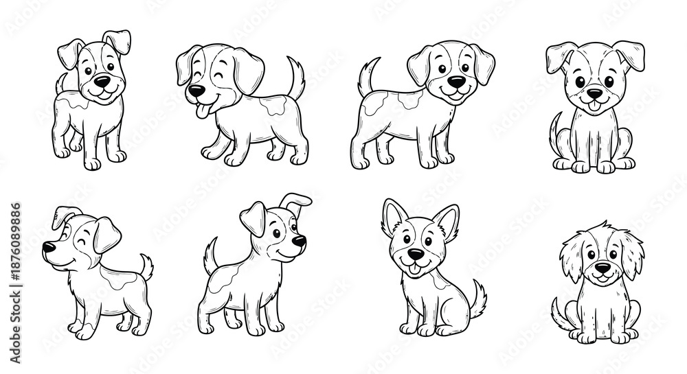 Obraz premium Eight adorable cartoon dogs in various poses and breeds