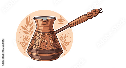 Ornate copper Turkish coffee pot with traditional carvings on a warm circular background for coffee culture and beverage themes.