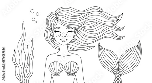 Beautiful mermaid with long flowing hair and seashell top swimming among seaweed for a coloring book page isolated on a white background.
