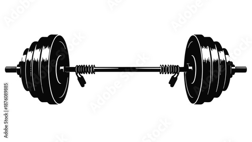 Black weightlifting barbell with stacked weights on white background