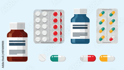 Pharmaceutical products collection featuring brown and blue medicine bottles with capsules and tablets in silver blister packs for health.