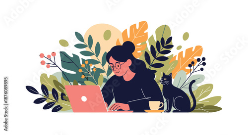 Cozy illustration of a woman working on her laptop at a desk surrounded by lush plants and a black cat for a freelance lifestyle theme.