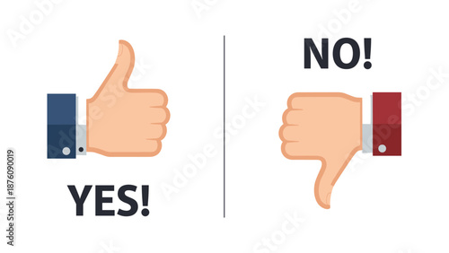Comparison of yes and no gestures featuring a thumbs up and a thumbs down for user feedback, decision making, and quality review processes.