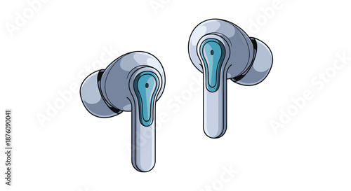 Pair of sleek wireless earbuds presented in a clean flat illustration style with subtle blue accents perfect for modern technology and audio themes.