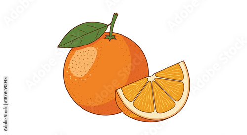 Vibrant whole orange with a green leaf paired with a juicy wedge showing detailed texture ideal for healthy food and citrus fruit design projects.