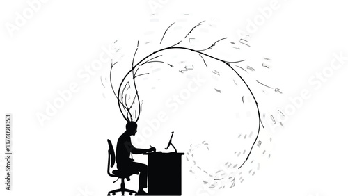 Creative person brainstorming at desk with swirling ideas