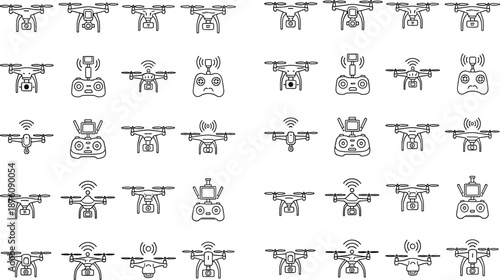 Drone Line Icon Set with Quadcopters, Remote Controllers, Wireless Signals, and Aerial Technology Symbols