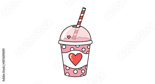 Cute pink strawberry milkshake in a polka dot cup decorated with a heart and a striped straw perfect for summer drink and dessert illustrations.