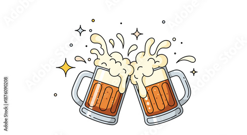 Two foaming beer mugs clinking together in a celebratory toast with stars and bubbles representing friendship party and happy hour events in pubs.